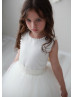 Pearl Neck Ivory Satin Tulle Flower Girl Dress